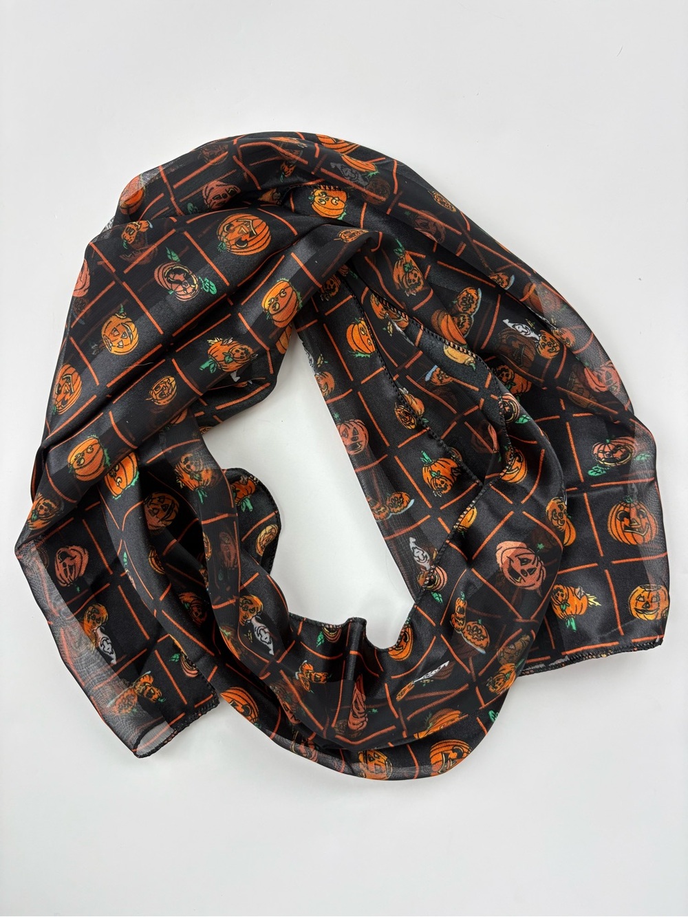 Halloween Pumpkin Ghost Scarf Black Orange Sheer Spooky Novelty